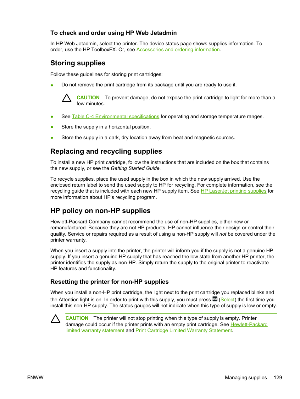 To check and order using hp web jetadmin, Storing supplies, Replacing and recycling supplies | Hp policy on non-hp supplies, Resetting the printer for non-hp supplies | HP 2605dtn User Manual | Page 141 / 228