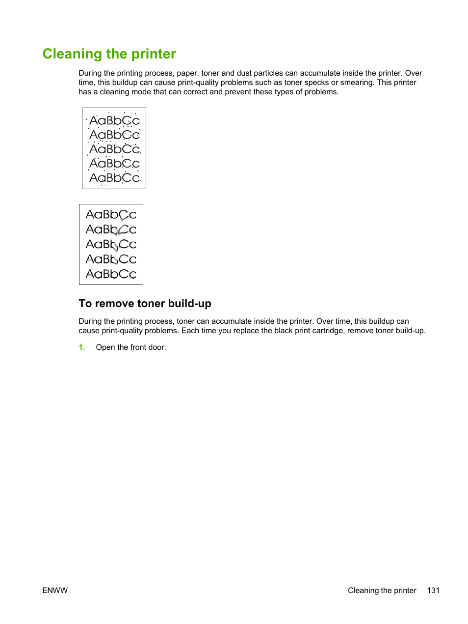 Cleaning the printer, To remove toner build‑up, To remove toner build-up | HP 2605dtn User Manual | Page 143 / 228