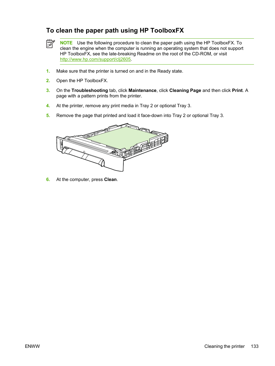 To clean the paper path using hp toolboxfx, To clean the paper, Path using hp toolboxfx | HP 2605dtn User Manual | Page 145 / 228