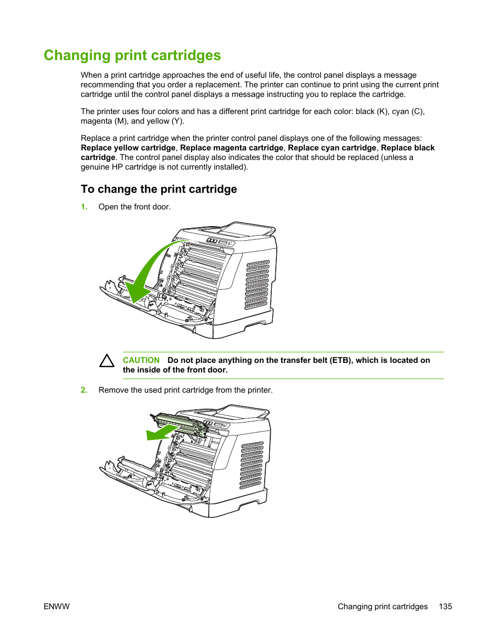 Changing print cartridges, To change the print cartridge | HP 2605dtn User Manual | Page 147 / 228