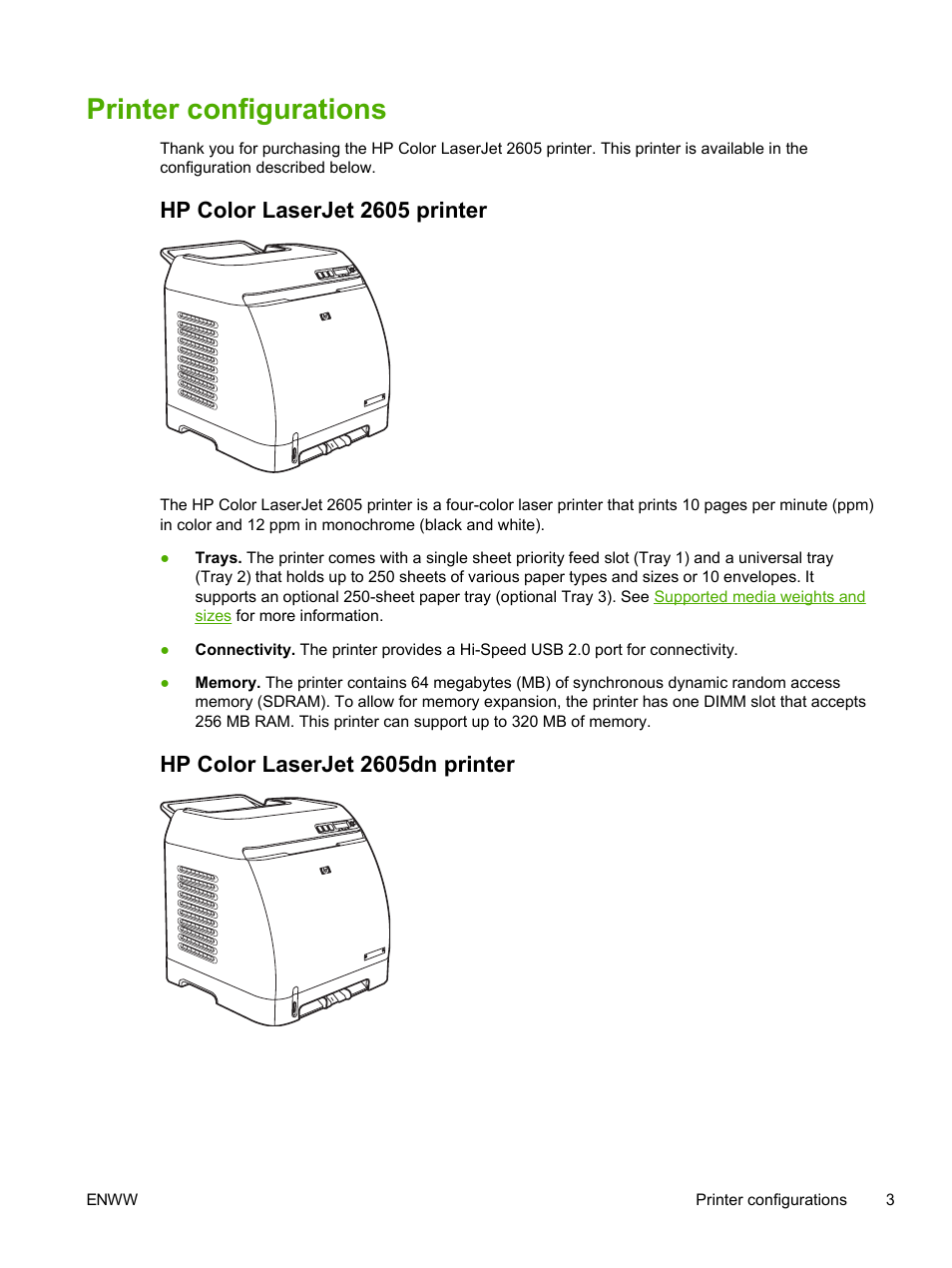 Printer configurations, Hp color laserjet 2605 printer, Hp color laserjet 2605dn printer | HP 2605dtn User Manual | Page 15 / 228