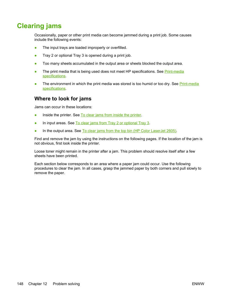 Clearing jams, Where to look for jams | HP 2605dtn User Manual | Page 160 / 228