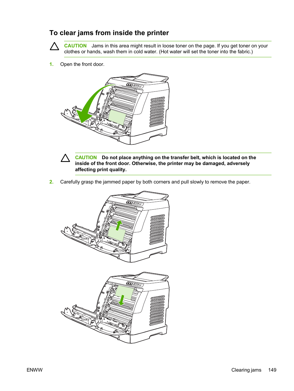 To clear jams from inside the printer | HP 2605dtn User Manual | Page 161 / 228