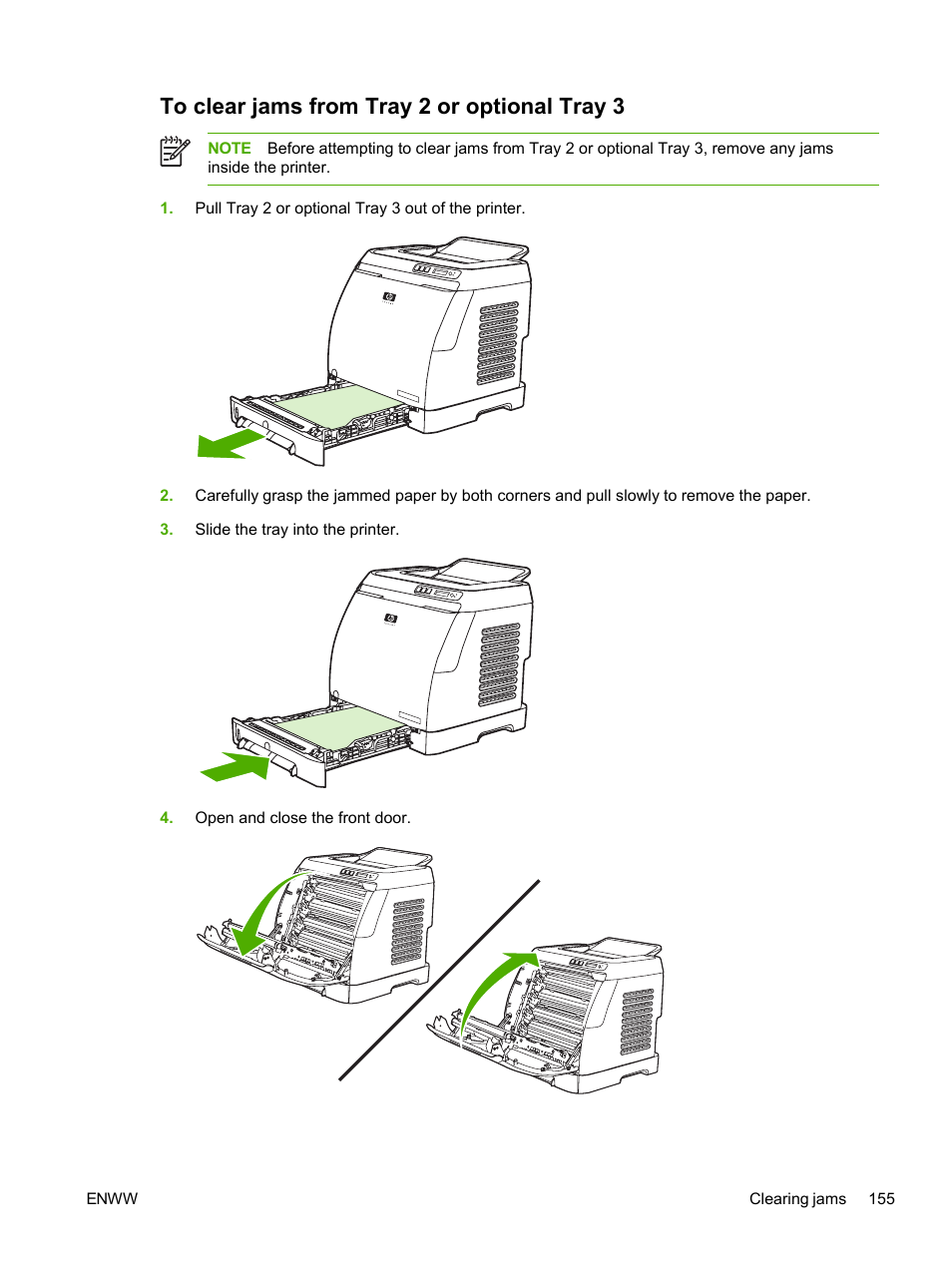 To clear jams from tray 2 or optional tray 3 | HP 2605dtn User Manual | Page 167 / 228
