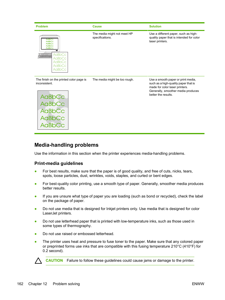 Media-handling problems, Print-media guidelines | HP 2605dtn User Manual | Page 174 / 228