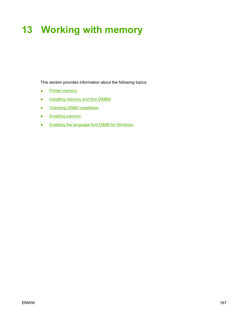 Working with memory, 13 working with memory | HP 2605dtn User Manual | Page 179 / 228