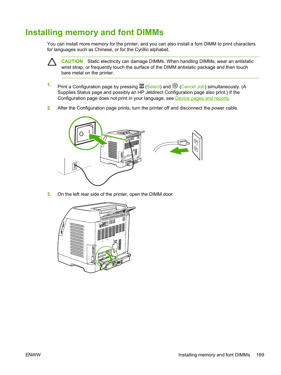 Installing memory and font dimms | HP 2605dtn User Manual | Page 181 / 228
