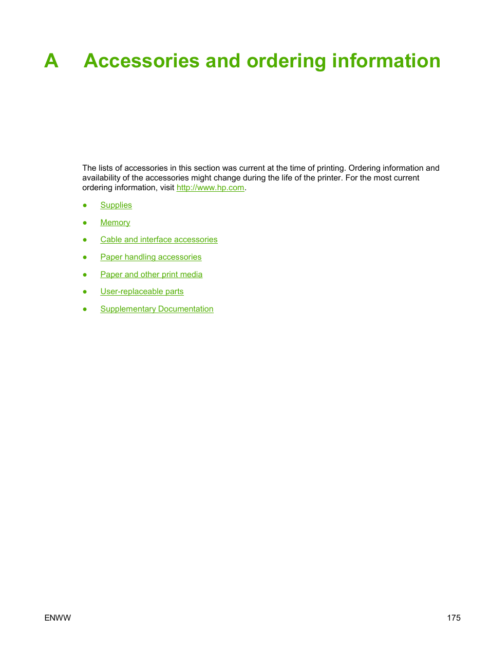 Accessories and ordering information, Appendix a accessories and ordering information, Aaccessories and ordering information | HP 2605dtn User Manual | Page 187 / 228