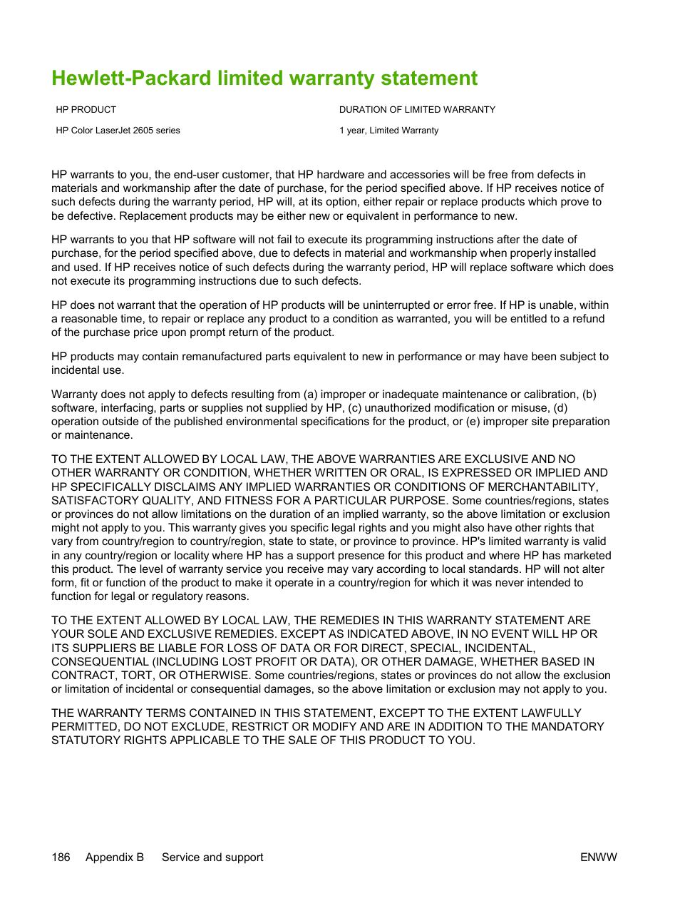 Hewlett-packard limited warranty statement, Hewlett, Packard limited warranty statement | Printer prints with an empty print cartridge. see, Hewlett-packard, Limited warranty statement | HP 2605dtn User Manual | Page 198 / 228