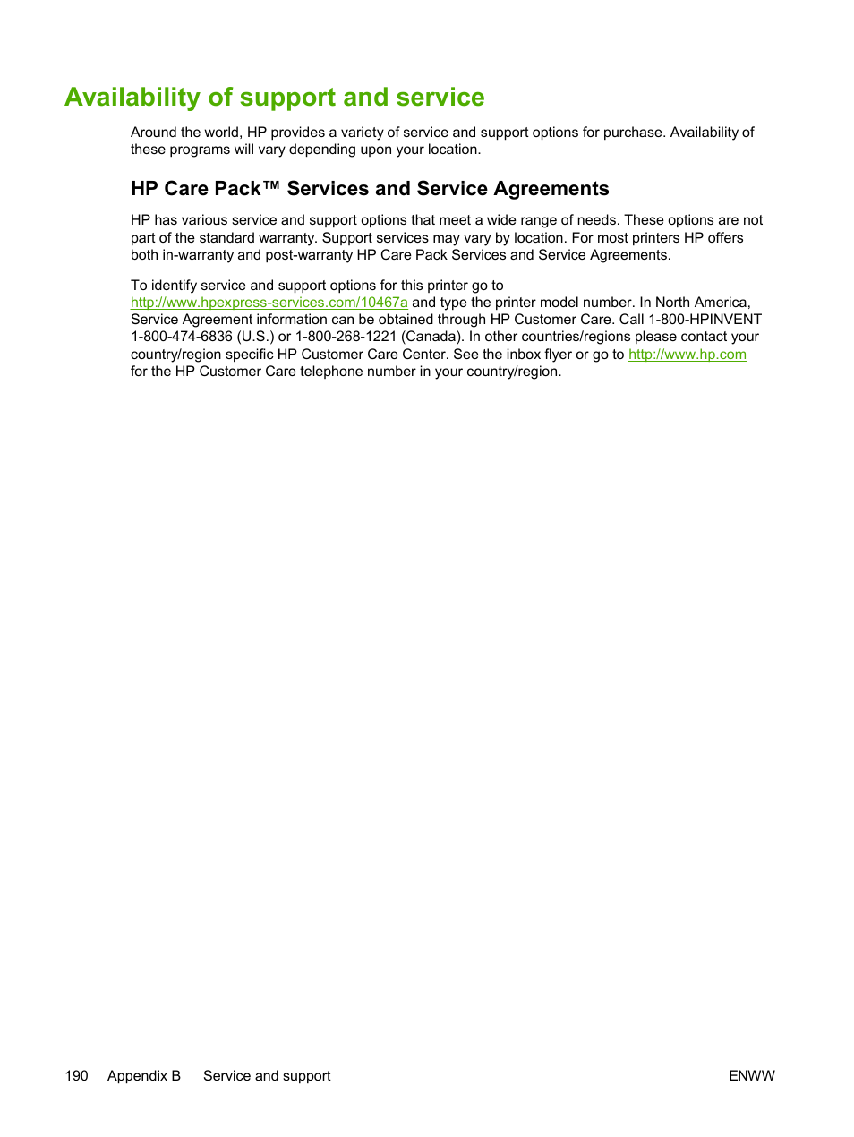 Availability of support and service, Hp care pack™ services and service agreements | HP 2605dtn User Manual | Page 202 / 228