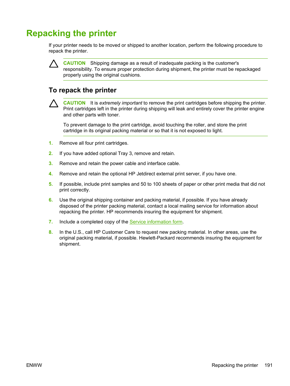 Repacking the printer, To repack the printer | HP 2605dtn User Manual | Page 203 / 228