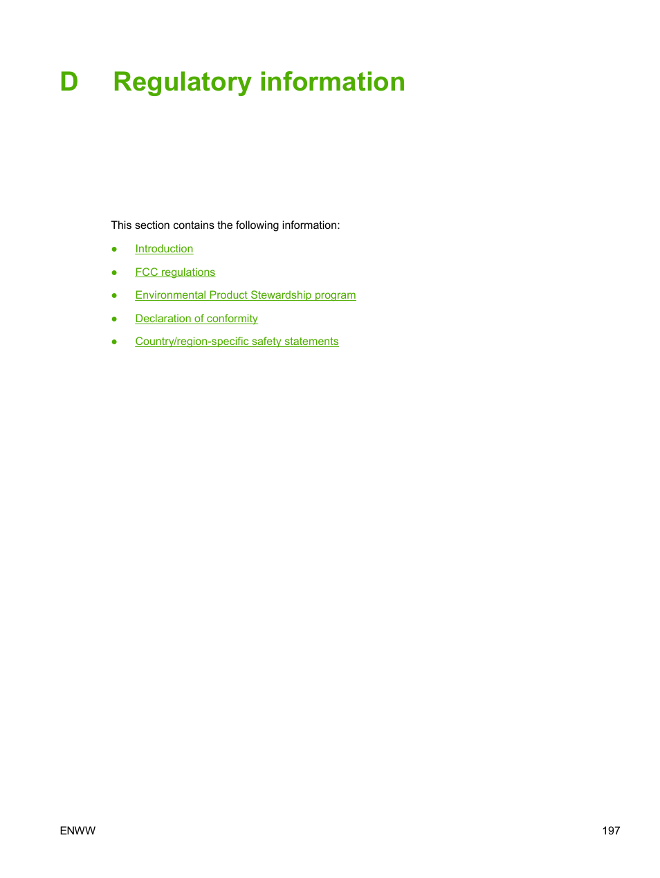 Regulatory information, Appendix d regulatory information, Dregulatory information | HP 2605dtn User Manual | Page 209 / 228