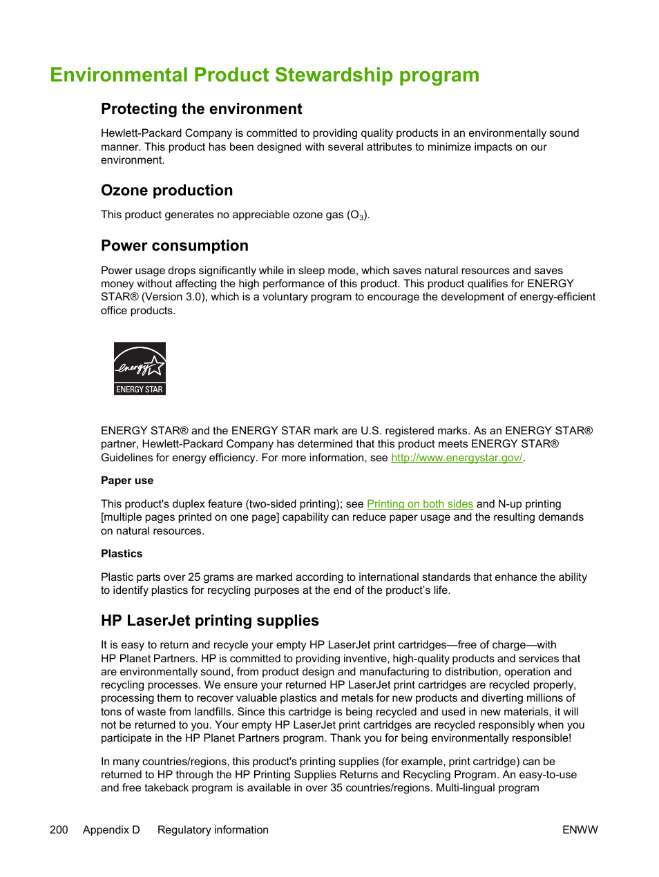 Environmental product stewardship program, Protecting the environment, Ozone production | Power consumption, Hp laserjet printing supplies | HP 2605dtn User Manual | Page 212 / 228