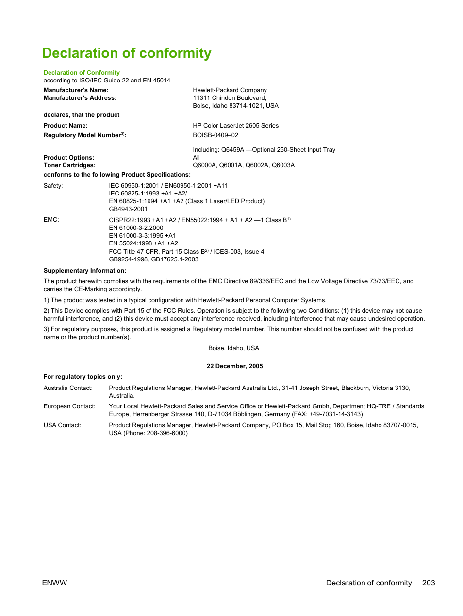 Declaration of conformity, Enww declaration of conformity 203 | HP 2605dtn User Manual | Page 215 / 228