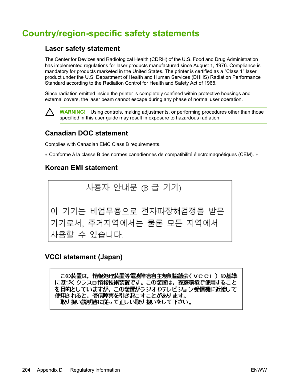 Country/region-specific safety statements, Laser safety statement, Canadian doc statement | Korean emi statement, Vcci statement (japan), Korean emi statement vcci statement (japan) | HP 2605dtn User Manual | Page 216 / 228