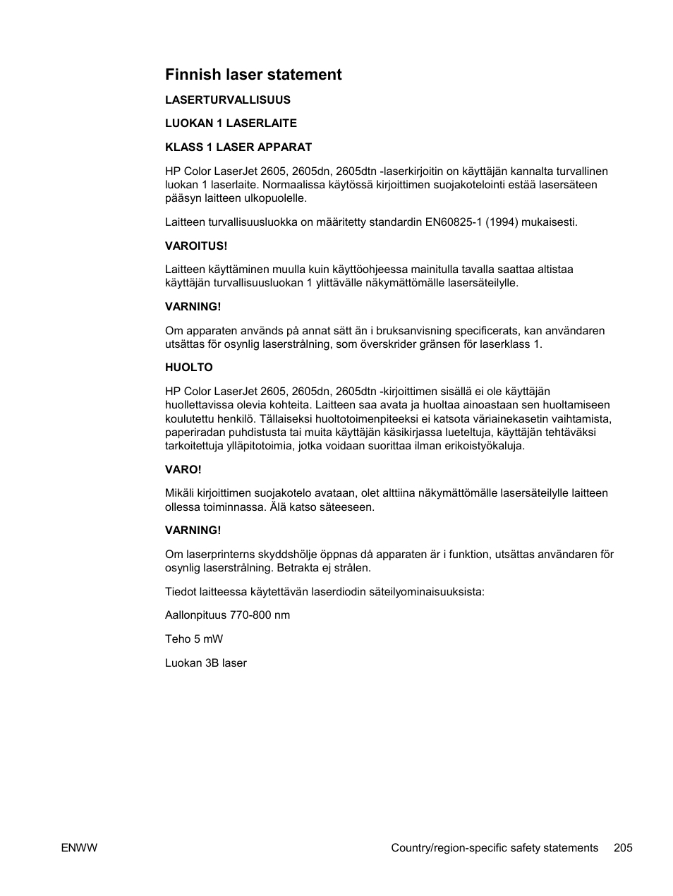 Finnish laser statement | HP 2605dtn User Manual | Page 217 / 228