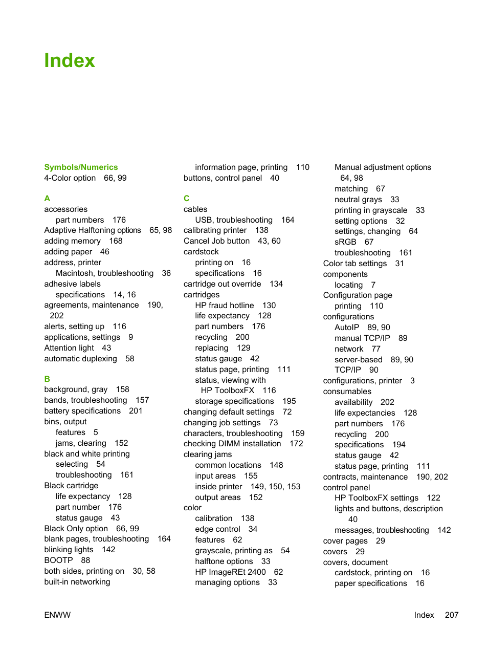 Index | HP 2605dtn User Manual | Page 219 / 228