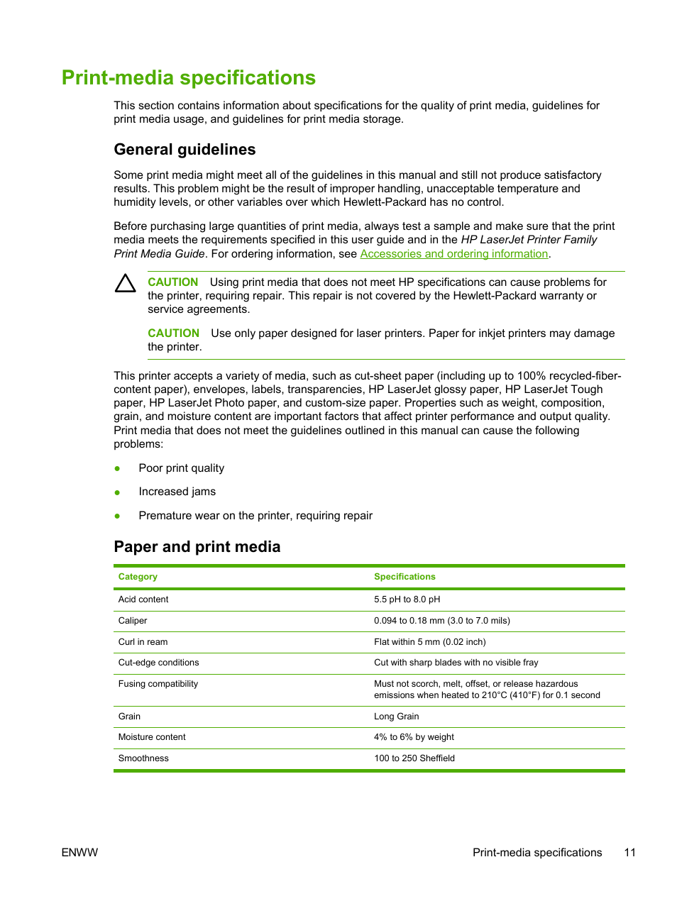 Print-media specifications, General guidelines, Paper and print media | General guidelines paper and print media | HP 2605dtn User Manual | Page 23 / 228
