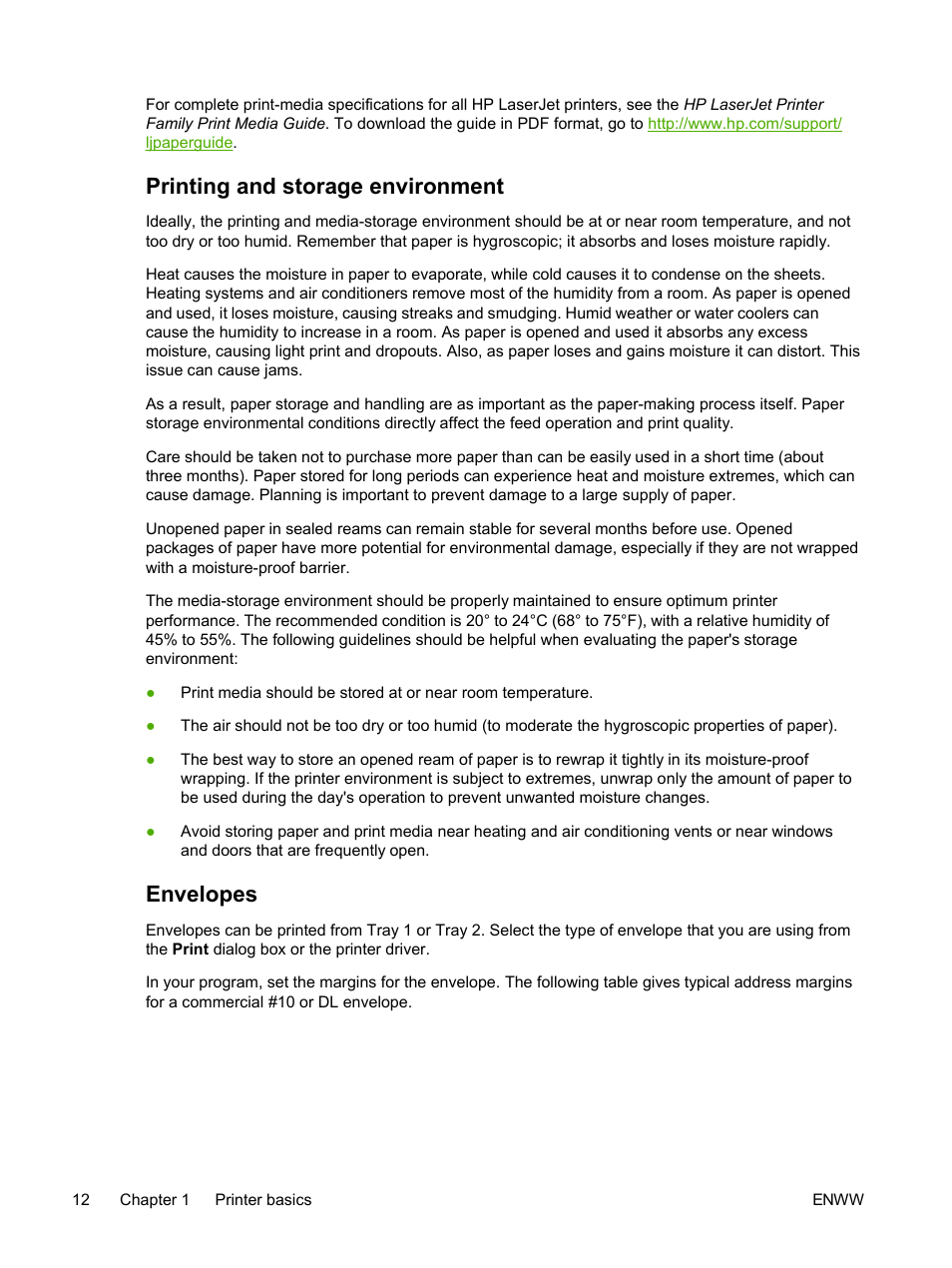 Printing and storage environment, Envelopes, Printing and storage environment envelopes | HP 2605dtn User Manual | Page 24 / 228