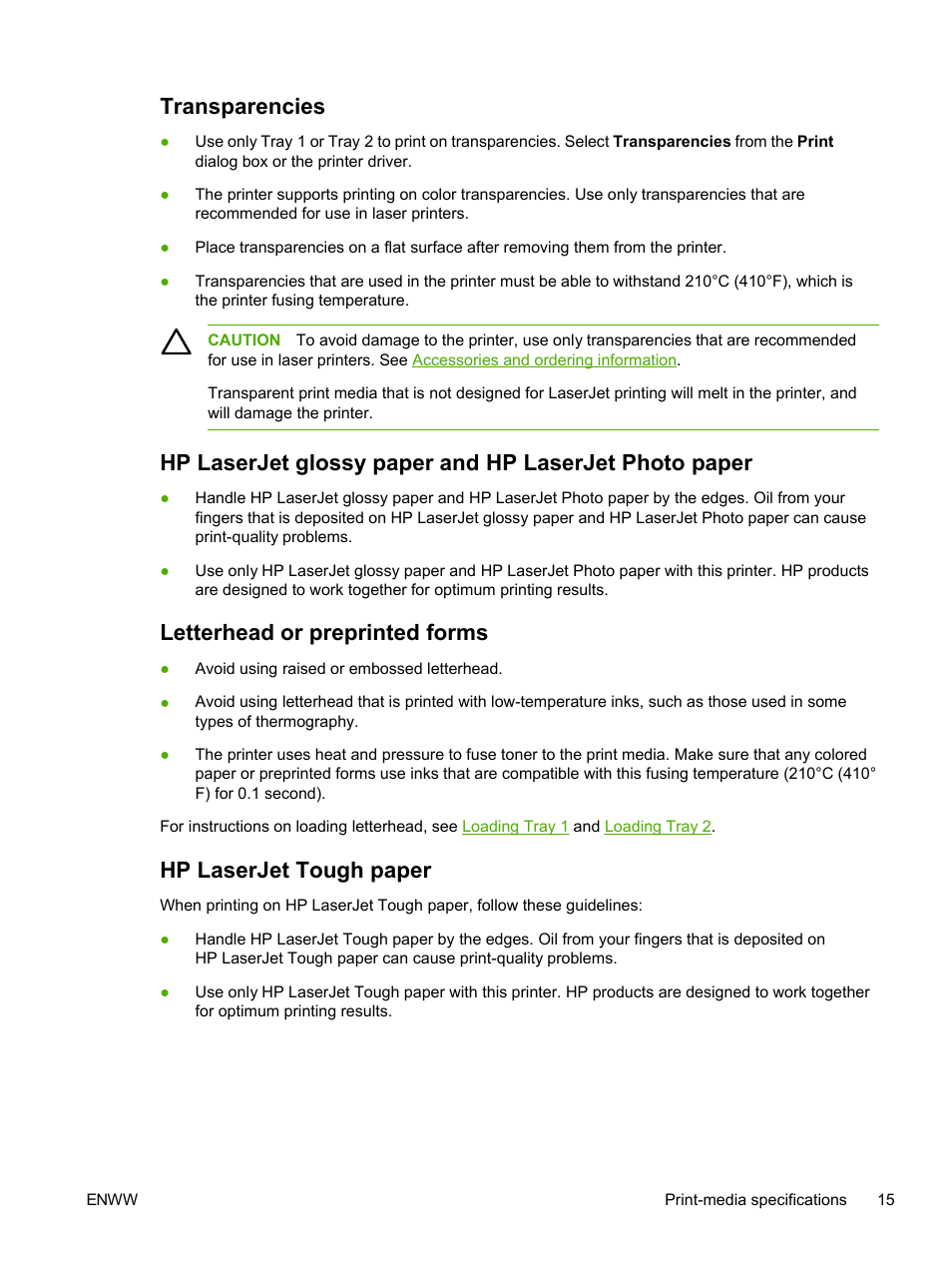 Transparencies, Letterhead or preprinted forms, Hp laserjet tough paper | HP 2605dtn User Manual | Page 27 / 228