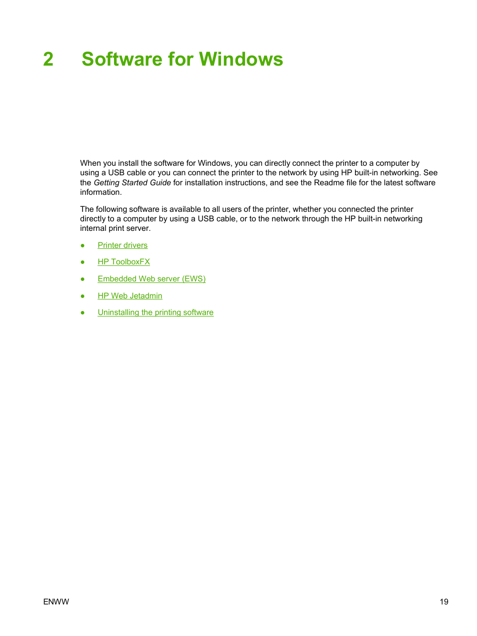Software for windows, 2 software for windows, 2software for windows | HP 2605dtn User Manual | Page 31 / 228
