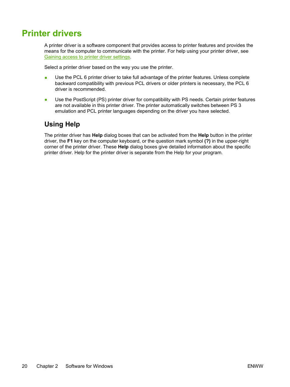 Printer drivers, Using help | HP 2605dtn User Manual | Page 32 / 228