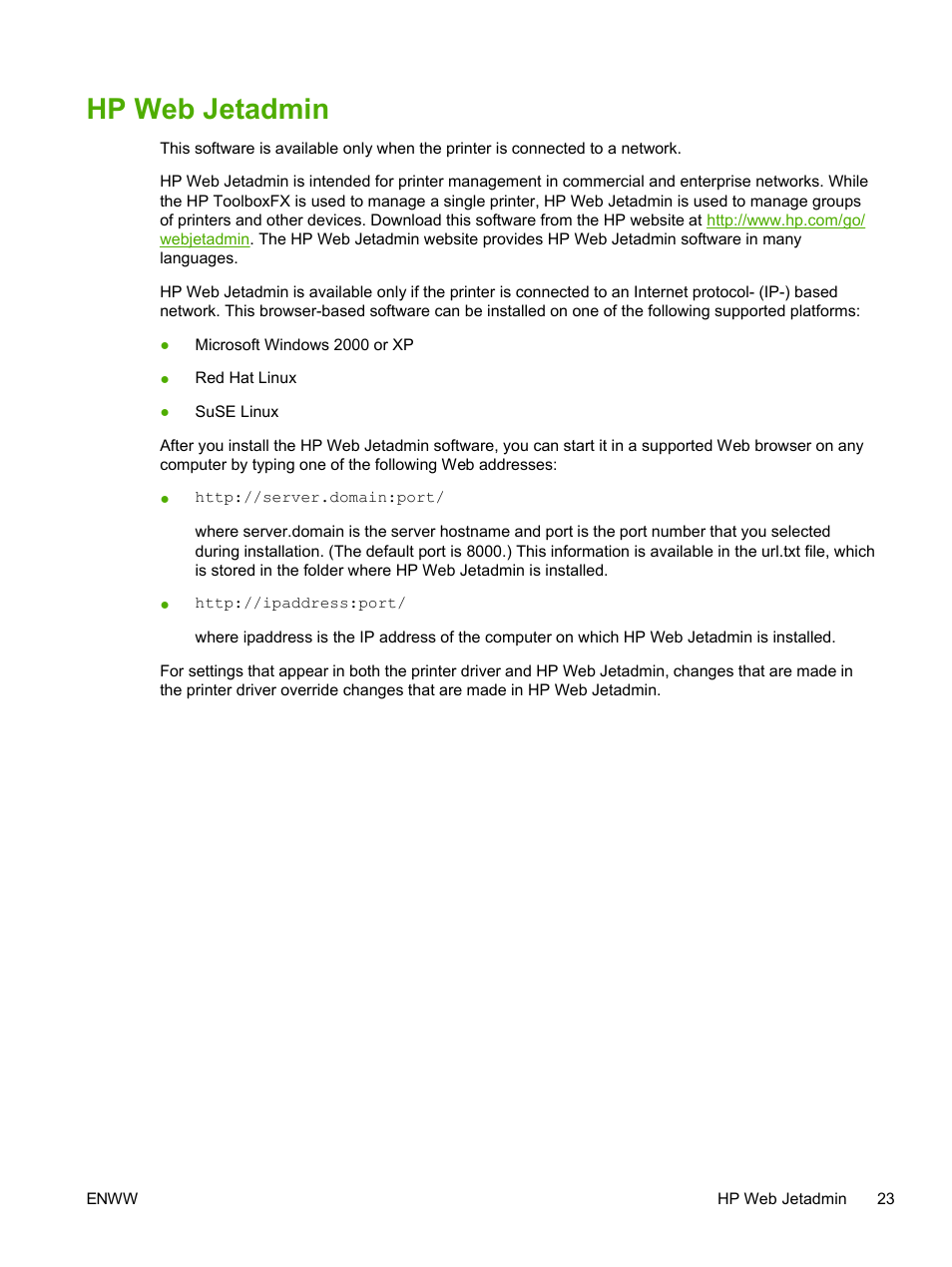 Hp web jetadmin | HP 2605dtn User Manual | Page 35 / 228