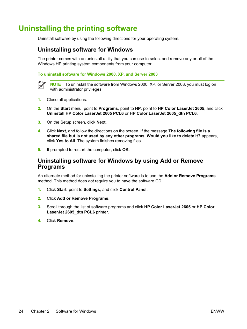 Uninstalling the printing software, Uninstalling software for windows | HP 2605dtn User Manual | Page 36 / 228