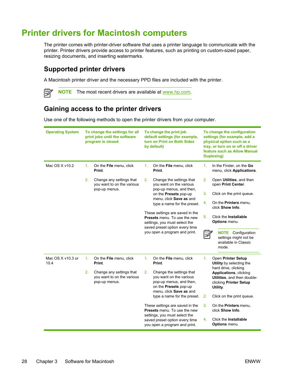 Printer drivers for macintosh computers, Supported printer drivers, Gaining access to the printer drivers | HP 2605dtn User Manual | Page 40 / 228