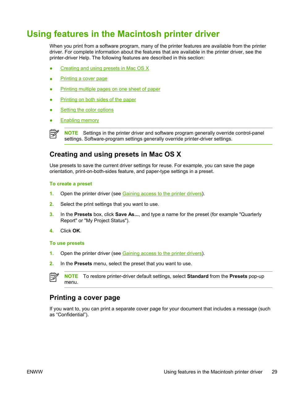 Using features in the macintosh printer driver, Creating and using presets in mac os x, Printing a cover page | HP 2605dtn User Manual | Page 41 / 228