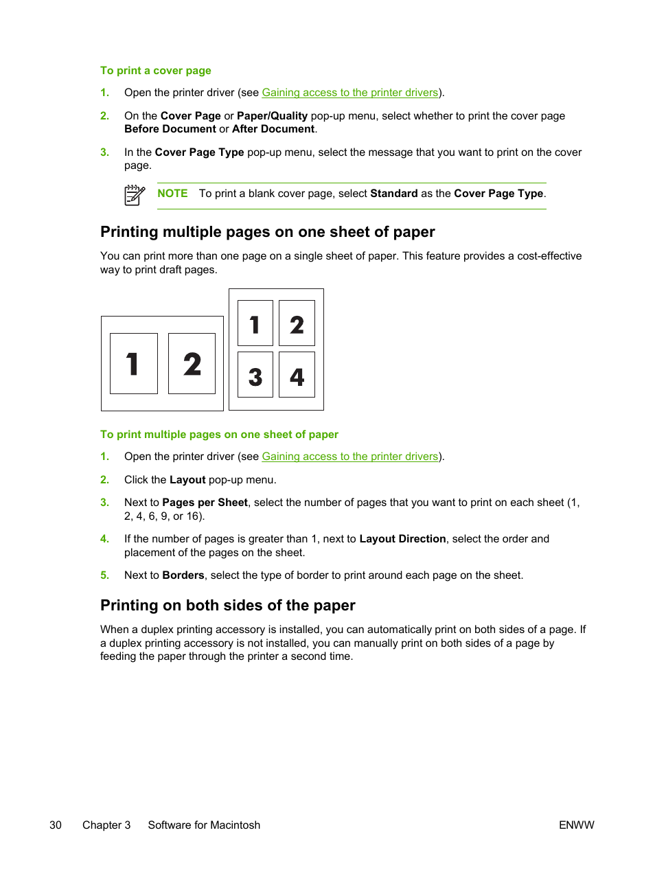 Printing on both sides of the paper, Printing multiple pages on one sheet of paper | HP 2605dtn User Manual | Page 42 / 228