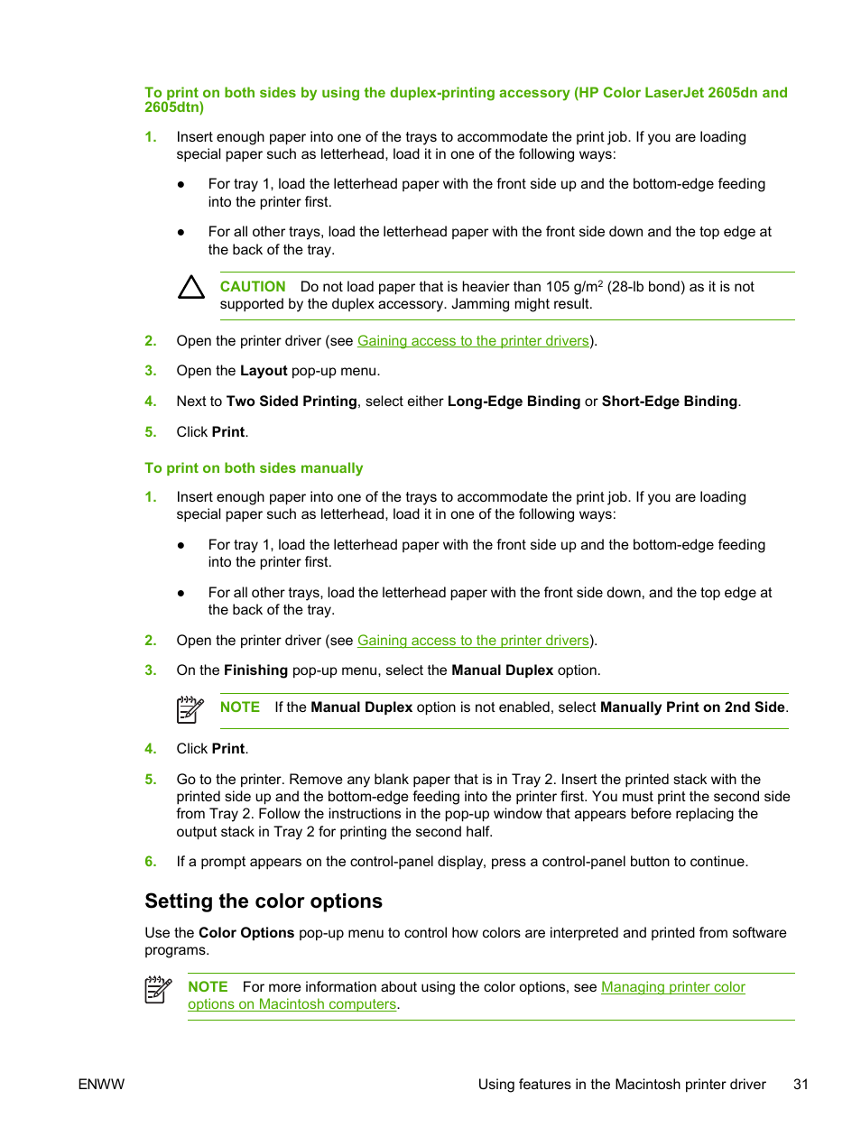 Setting the color options | HP 2605dtn User Manual | Page 43 / 228