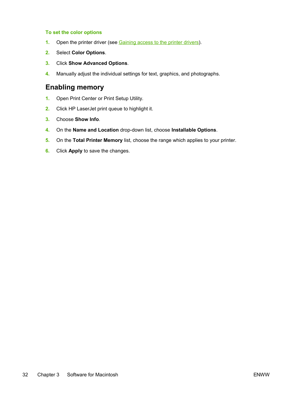 Enabling memory | HP 2605dtn User Manual | Page 44 / 228