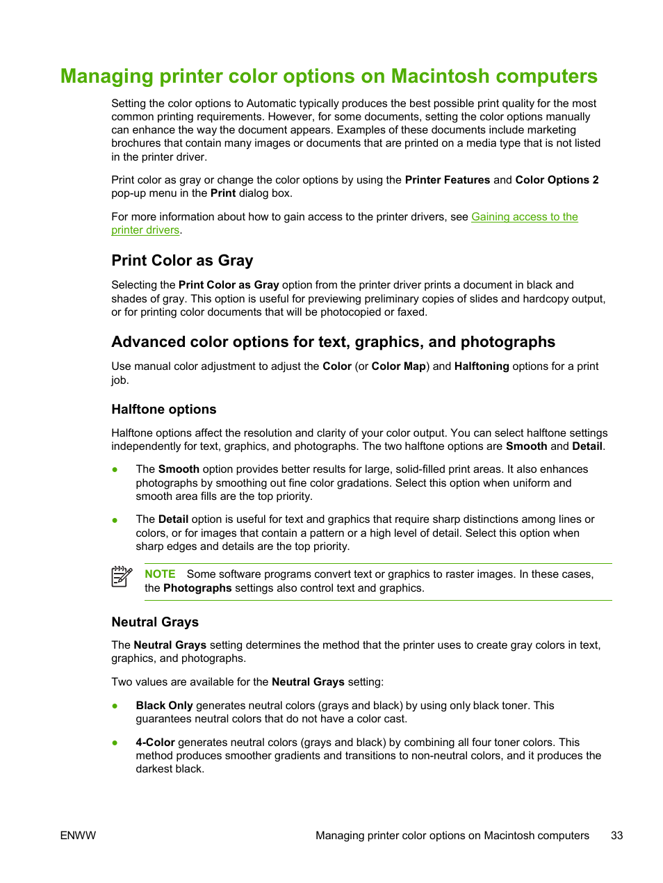 Print color as gray, Halftone options, Neutral grays | Halftone options neutral grays, Managing printer color, Options on macintosh computers | HP 2605dtn User Manual | Page 45 / 228