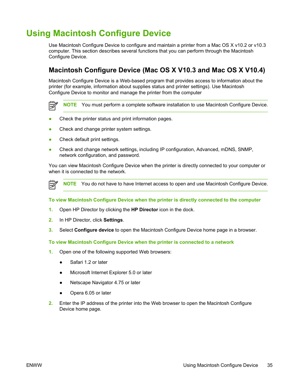 Using macintosh configure device, Using macintosh, Configure device | Using macintosh configure, Device | HP 2605dtn User Manual | Page 47 / 228