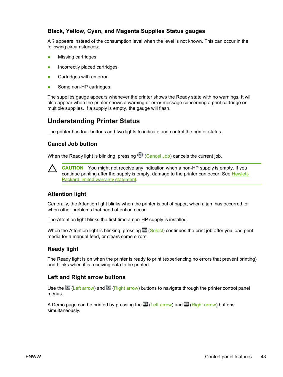 Understanding printer status, Cancel job button, Attention light | Ready light, Left and right arrow buttons | HP 2605dtn User Manual | Page 55 / 228