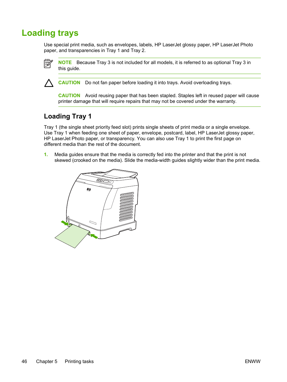 Loading trays, Loading tray 1 | HP 2605dtn User Manual | Page 58 / 228