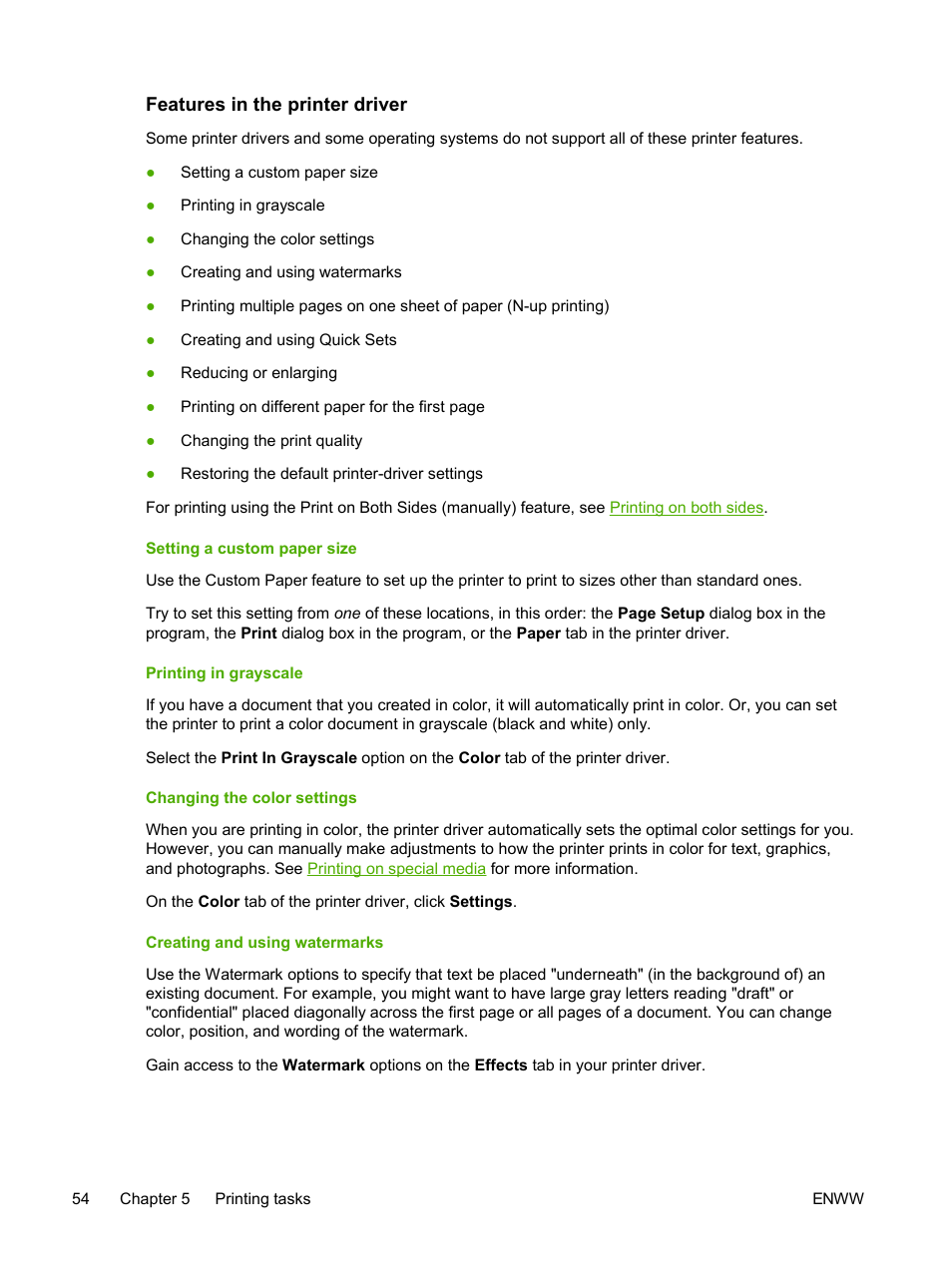 Features in the printer driver, Setting a custom paper size, Printing in grayscale | Changing the color settings, Creating and using watermarks | HP 2605dtn User Manual | Page 66 / 228