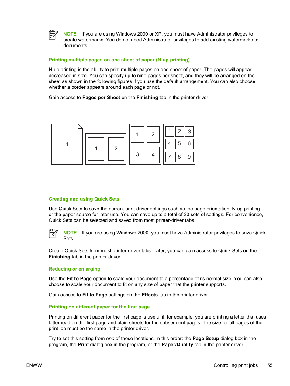 Creating and using quick sets, Reducing or enlarging | HP 2605dtn User Manual | Page 67 / 228