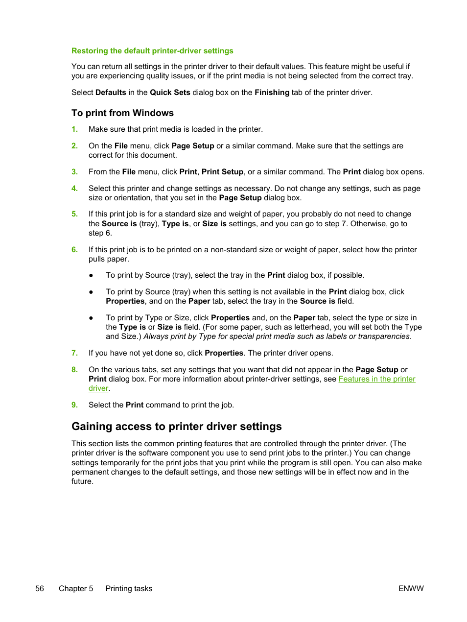 Restoring the default printer-driver settings, To print from windows, Gaining access to printer driver settings | HP 2605dtn User Manual | Page 68 / 228