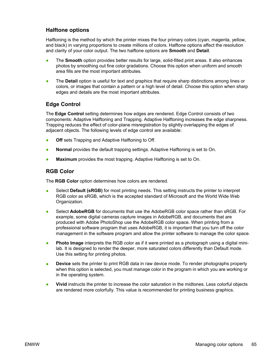 Halftone options, Edge control, Rgb color | Halftone options edge control rgb color | HP 2605dtn User Manual | Page 77 / 228
