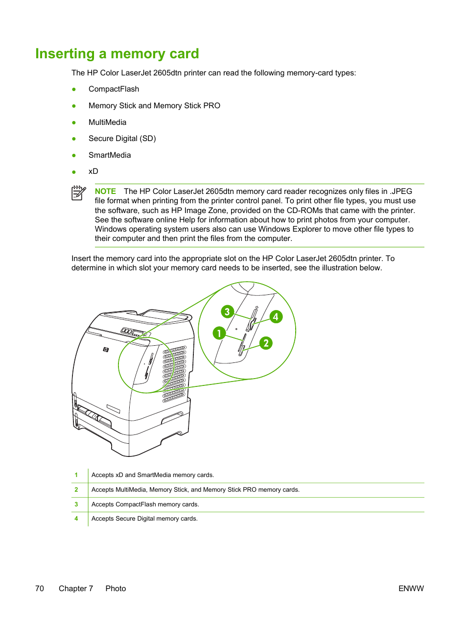 Inserting a memory card | HP 2605dtn User Manual | Page 82 / 228