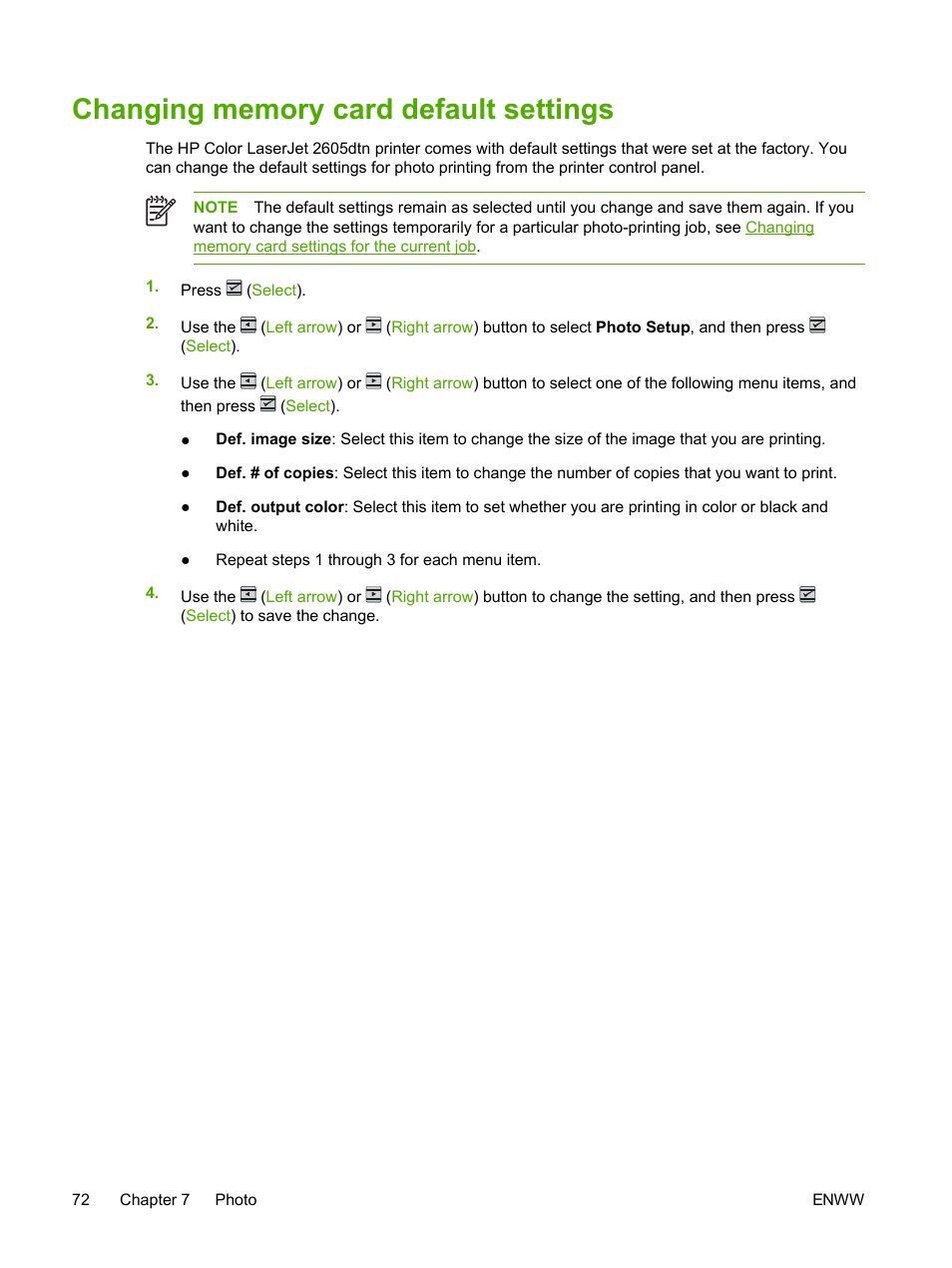 Changing memory card default settings | HP 2605dtn User Manual | Page 84 / 228