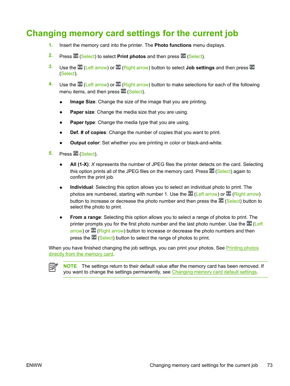 Changing memory card settings for the current job, Changing, Memory card settings for the current job | HP 2605dtn User Manual | Page 85 / 228