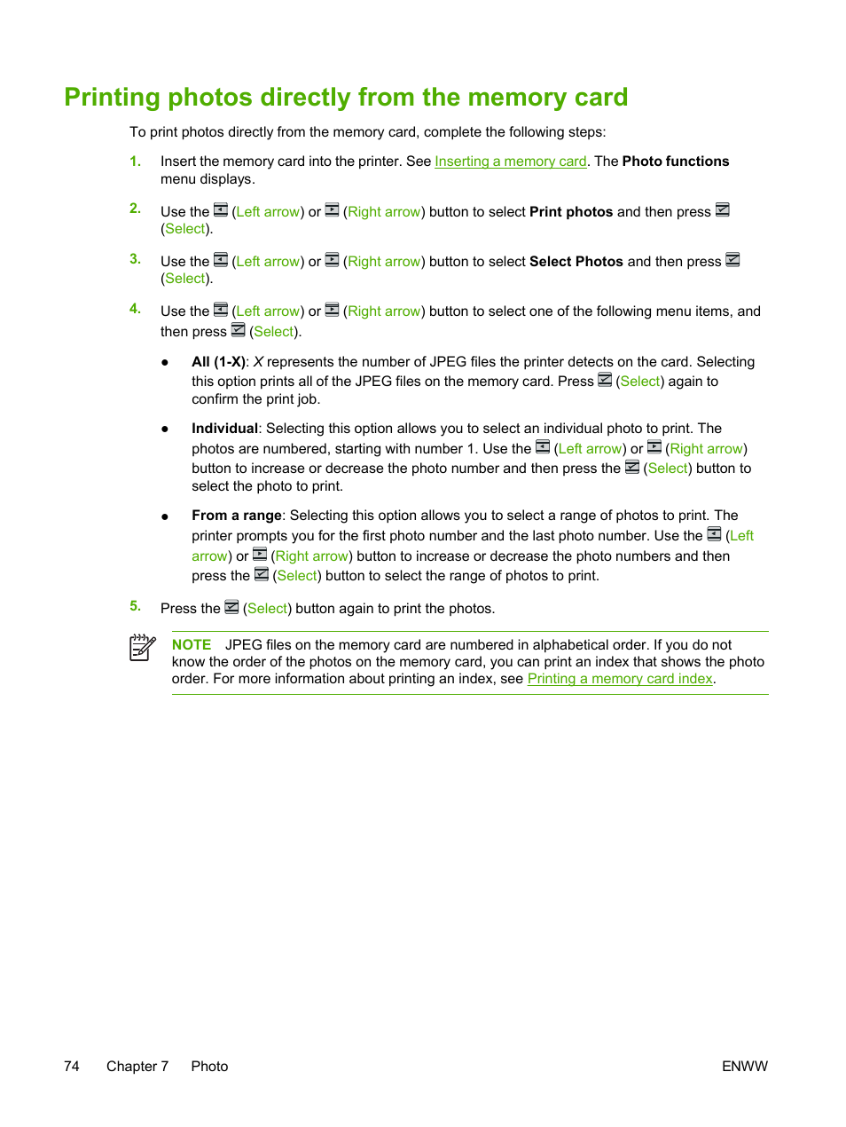 Printing photos directly from the memory card, Printing photos, Directly from the memory card | HP 2605dtn User Manual | Page 86 / 228