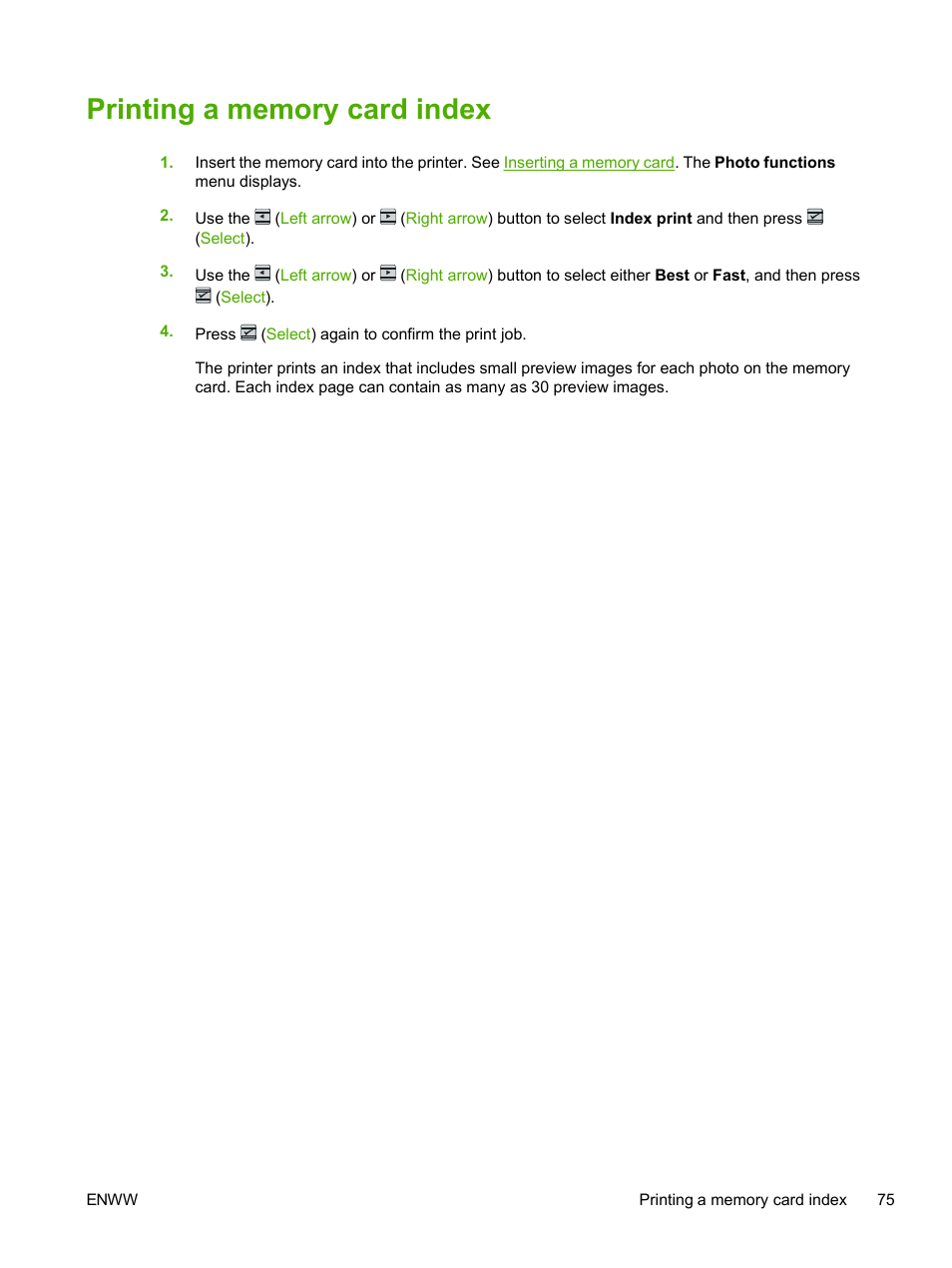 Printing a memory card index | HP 2605dtn User Manual | Page 87 / 228