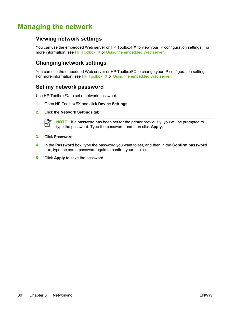 Managing the network, Viewing network settings, Changing network settings | Set my network password | HP 2605dtn User Manual | Page 92 / 228