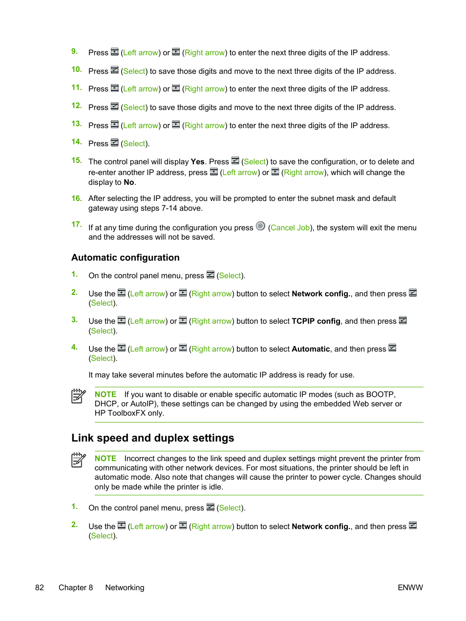 Automatic configuration, Link speed and duplex settings | HP 2605dtn User Manual | Page 94 / 228