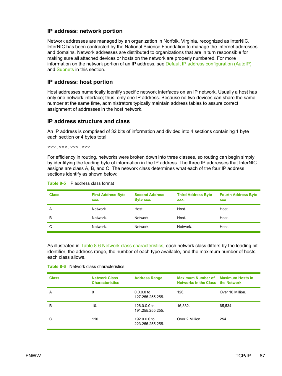 Ip address: network portion, Ip address: host portion, Ip address structure and class | HP 2605dtn User Manual | Page 99 / 228