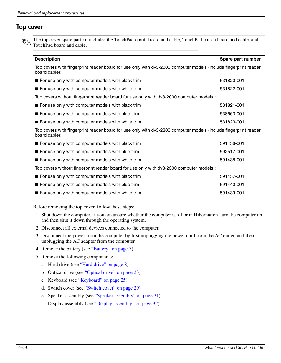 Top cover, Top cover –44 | HP DV3 User Manual | Page 106 / 182